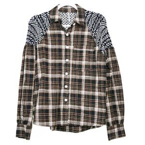 Free People Fireside Nights Button Down Brown Plaid Shirt XS Mixed Media